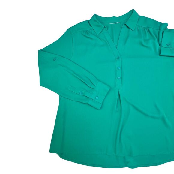 Womens Top XL Emerald Green V Neck Button Down Roll Tab Long Sleeve Blouse - Picture 7 of 9